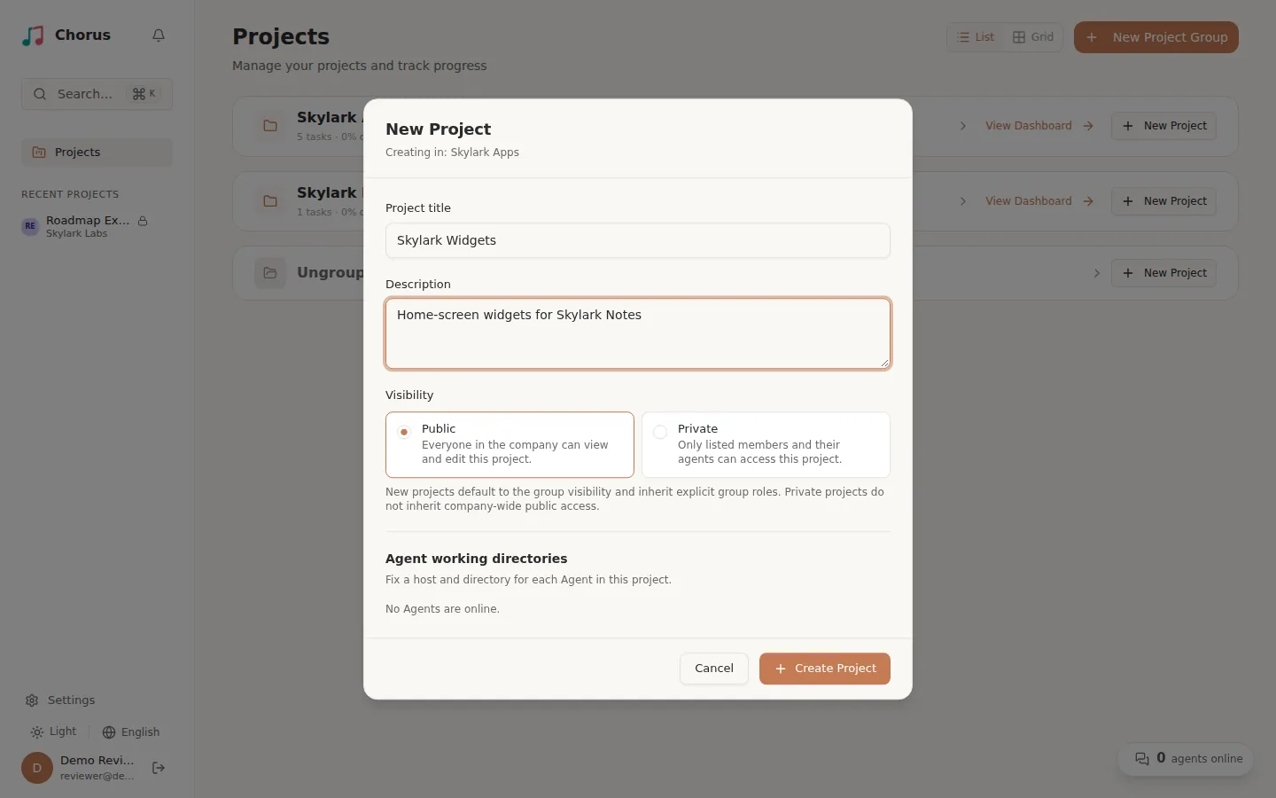 New Project dialog creating a project in a public group, with Public selected under Visibility and a hint that new projects inherit the group's roles
