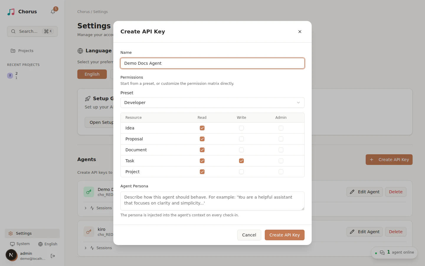 Create API Key dialog showing the Developer preset and its resource permissions