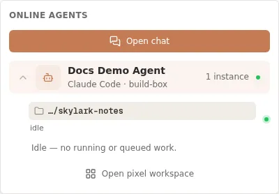 Online agents presence panel listing a connection by agent, backend, host, and working directory, with an idle status