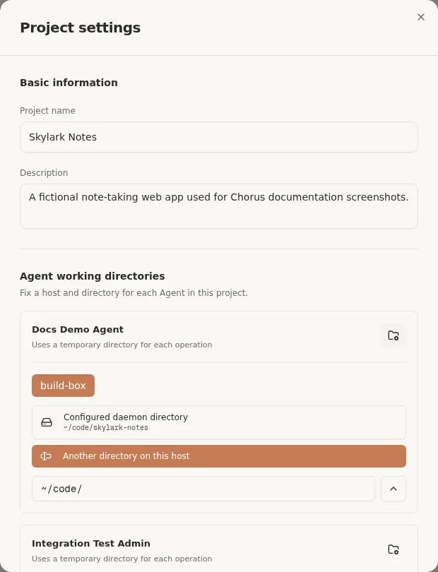 Project settings Agent working directories section, showing a per-agent host selector and a working-directory picker with the configured daemon directory selected