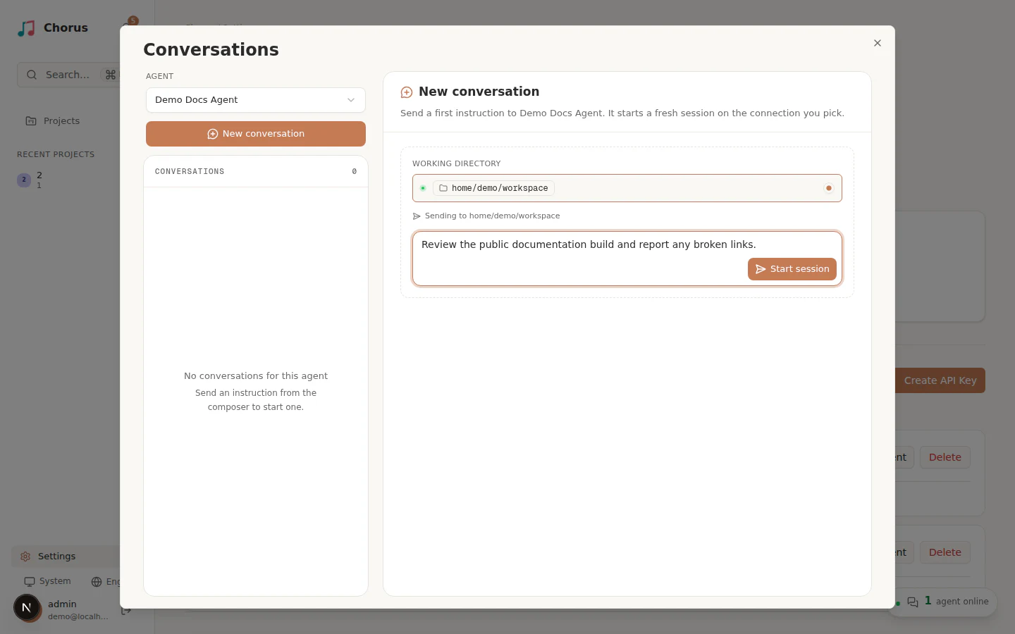 New conversation form with an online working directory and an instruction ready to start