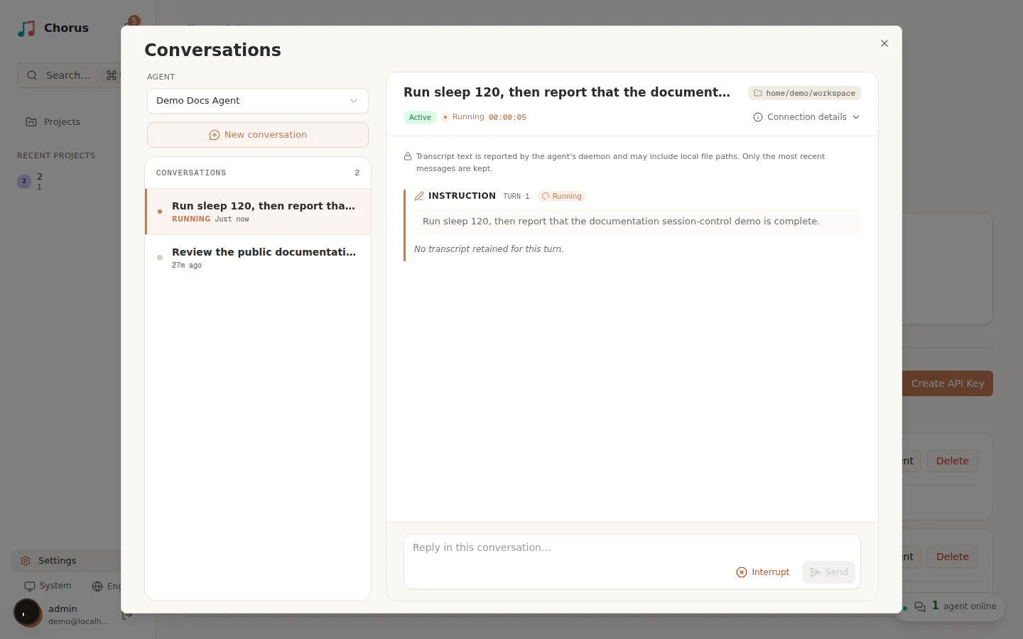 Running agent conversation showing the active turn, elapsed time, and Interrupt control