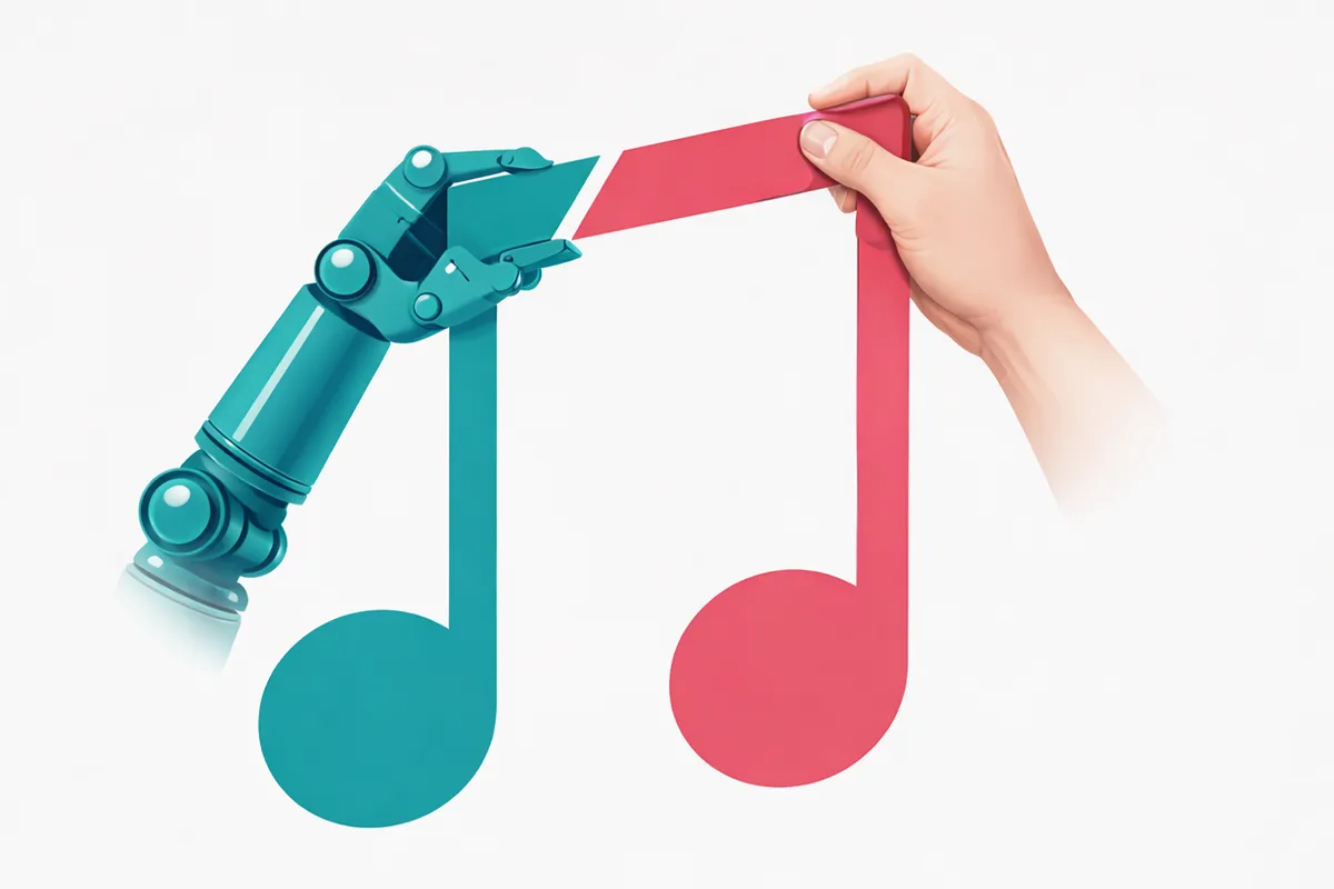 A robot arm and a human hand together forming two musical notes — the Chorus mark for AI and humans working in harmony.