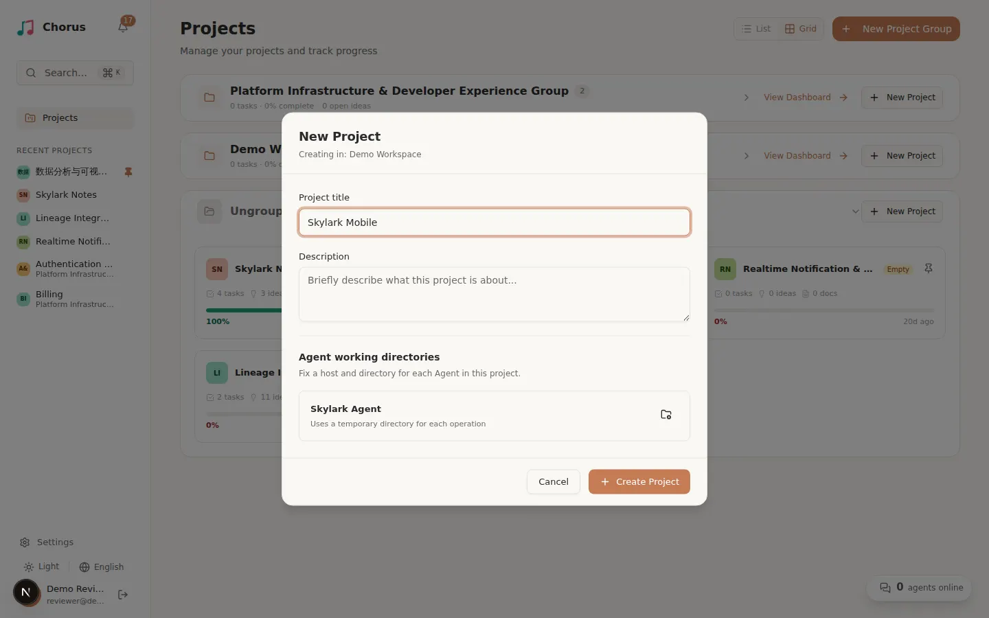 Chorus Projects page with the Demo Workspace group card and its New Project button