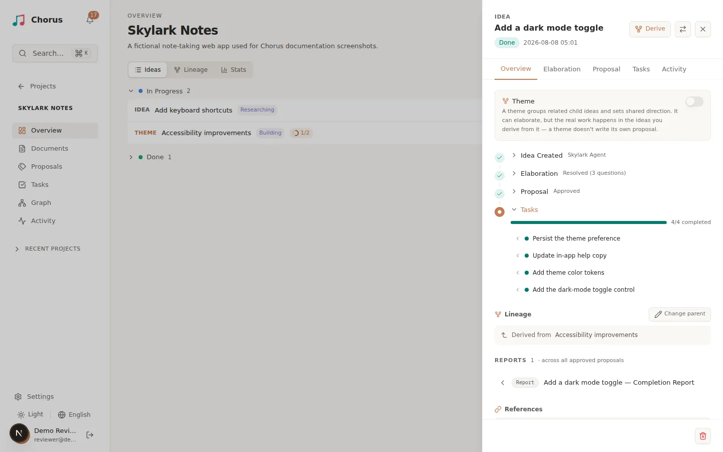 Idea Overview tab with a Reports section listing the completion report for a done idea