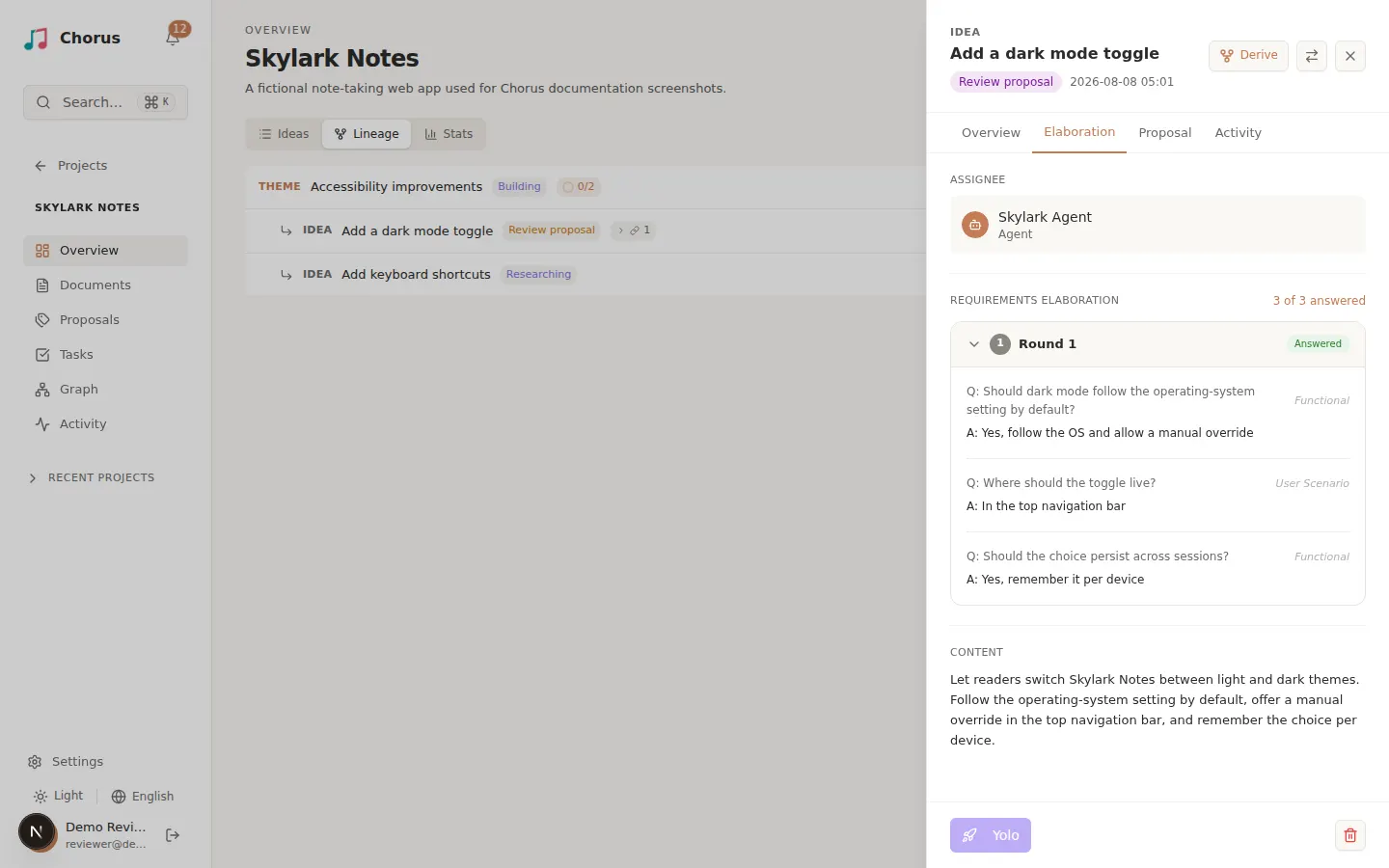 Idea Elaboration tab showing one round of requirement questions with selected answers