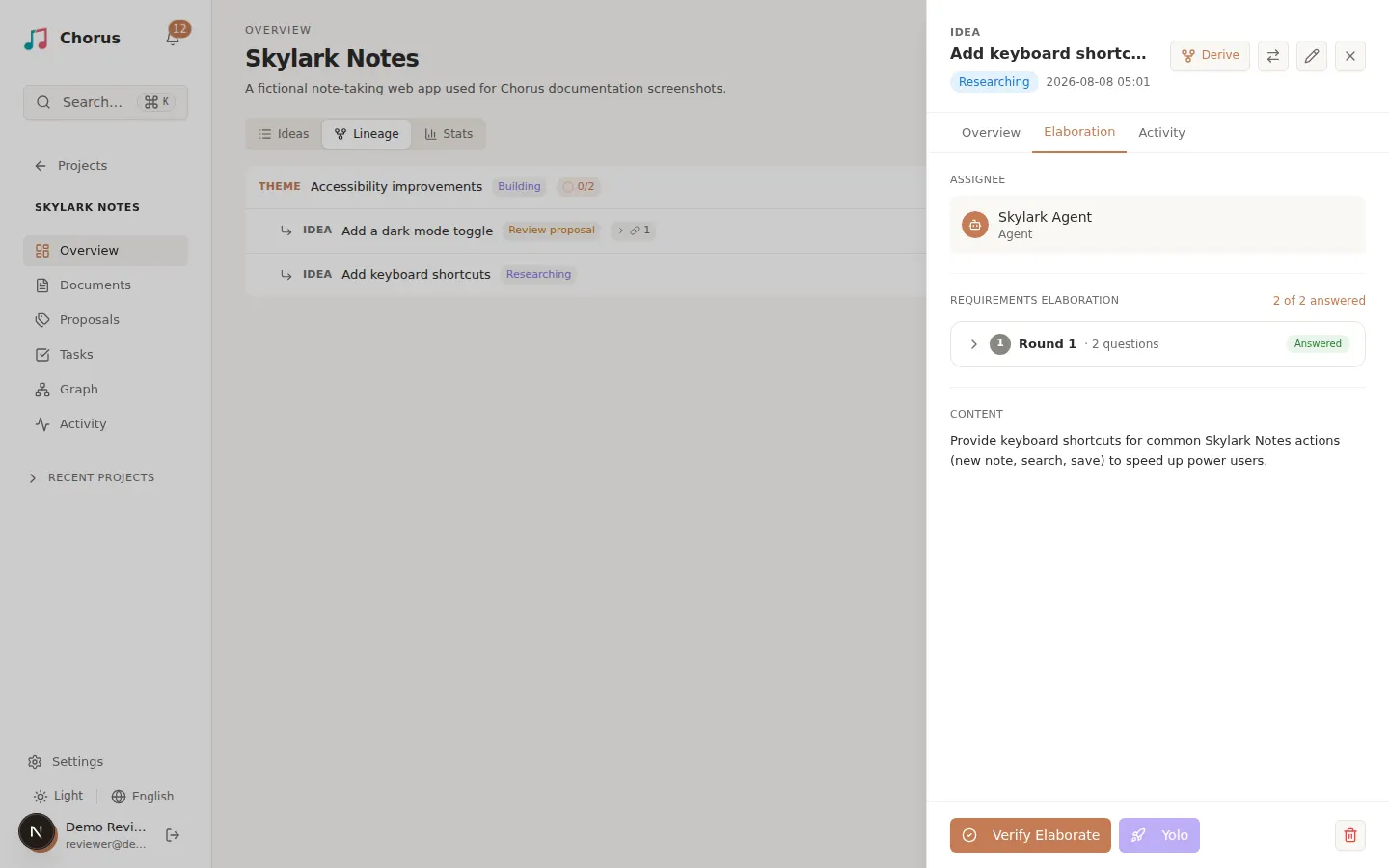 Idea panel footer with the Verify Elaborate action ready to resolve elaboration