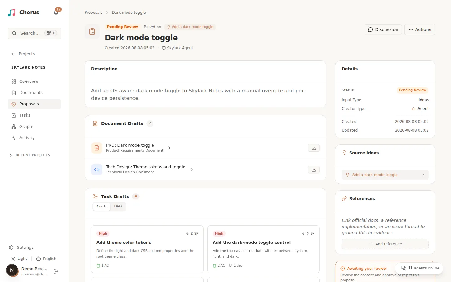 Proposal detail page with document drafts and task drafts awaiting review