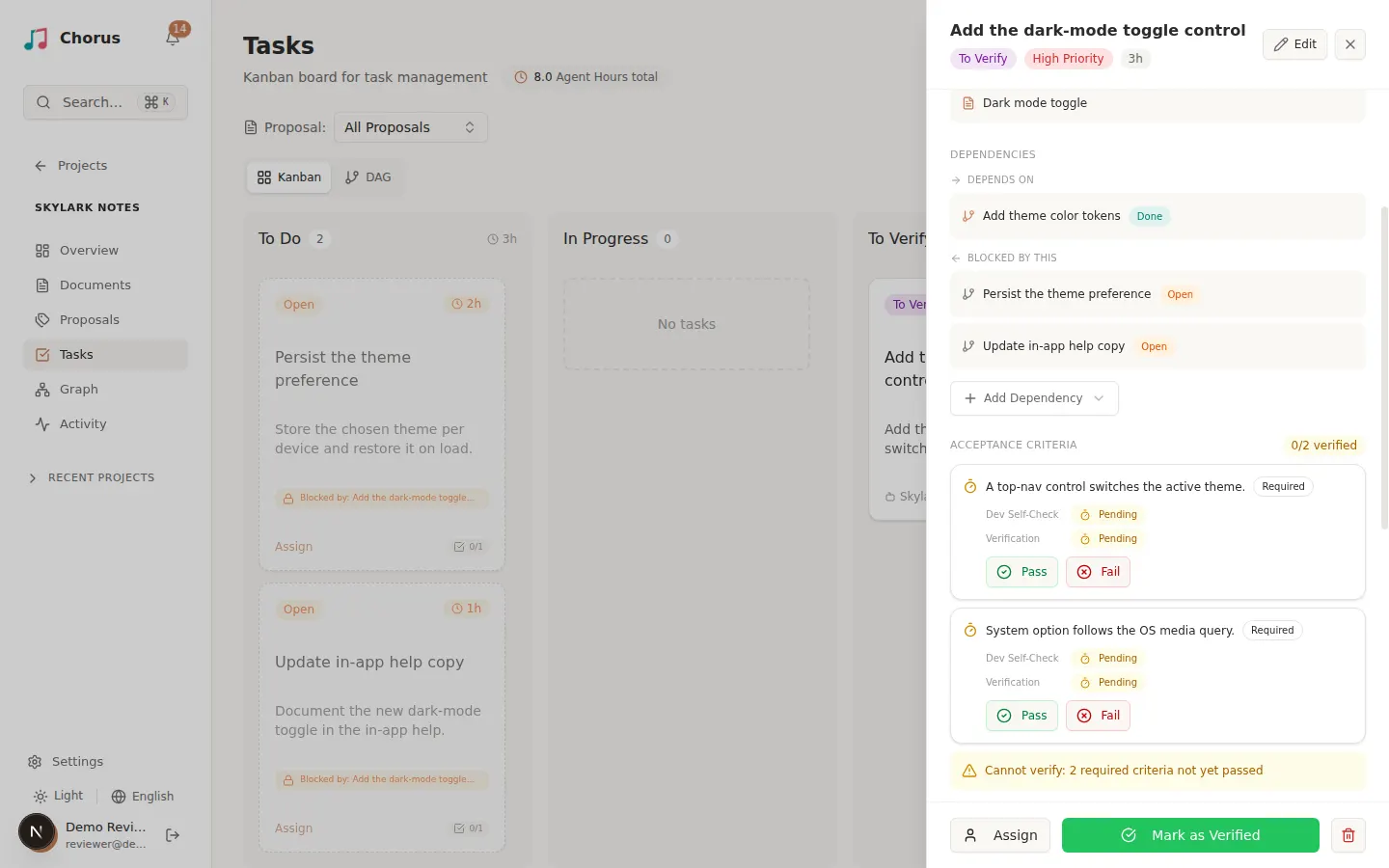 Task Acceptance Criteria section with Dev Self-Check, Pass and Fail controls, and the readiness banner