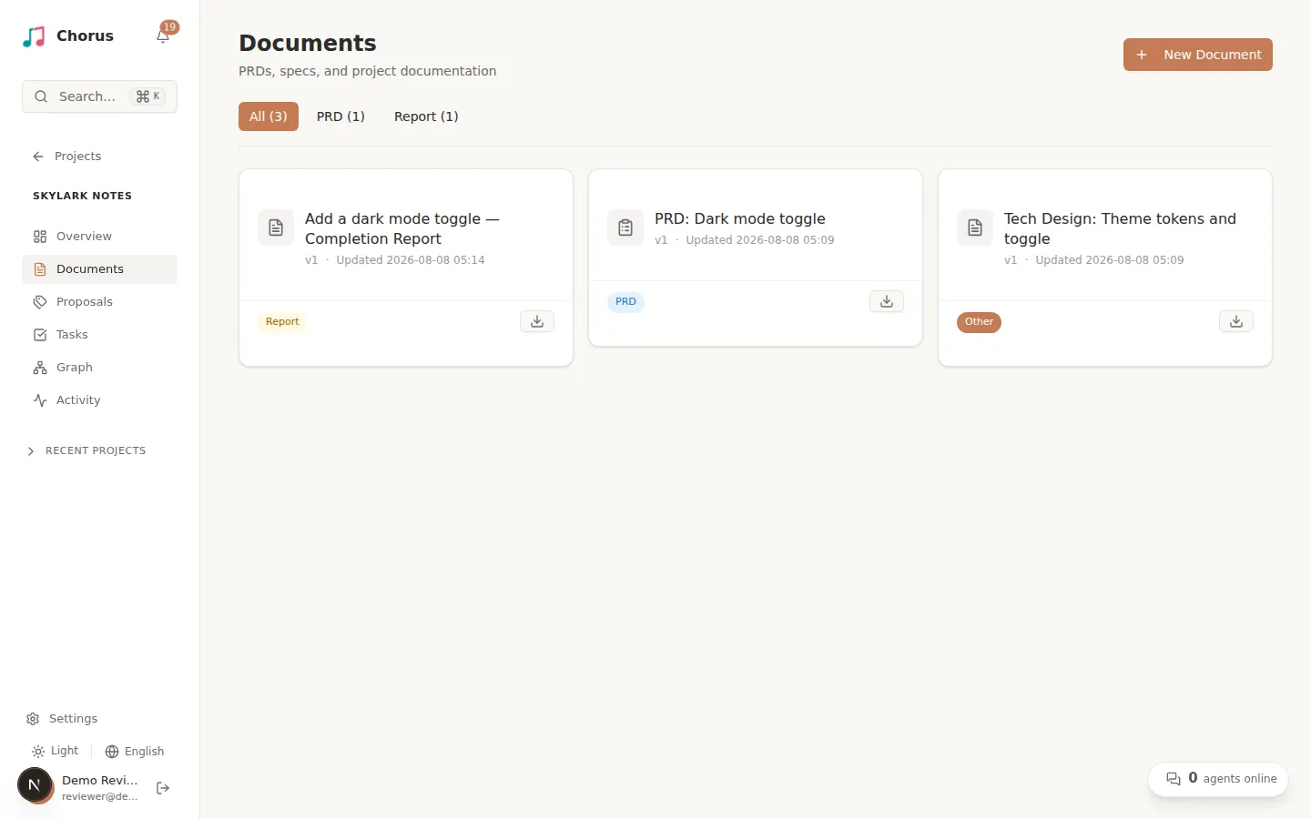 Documents list with type filter tabs and document cards showing type badges and versions