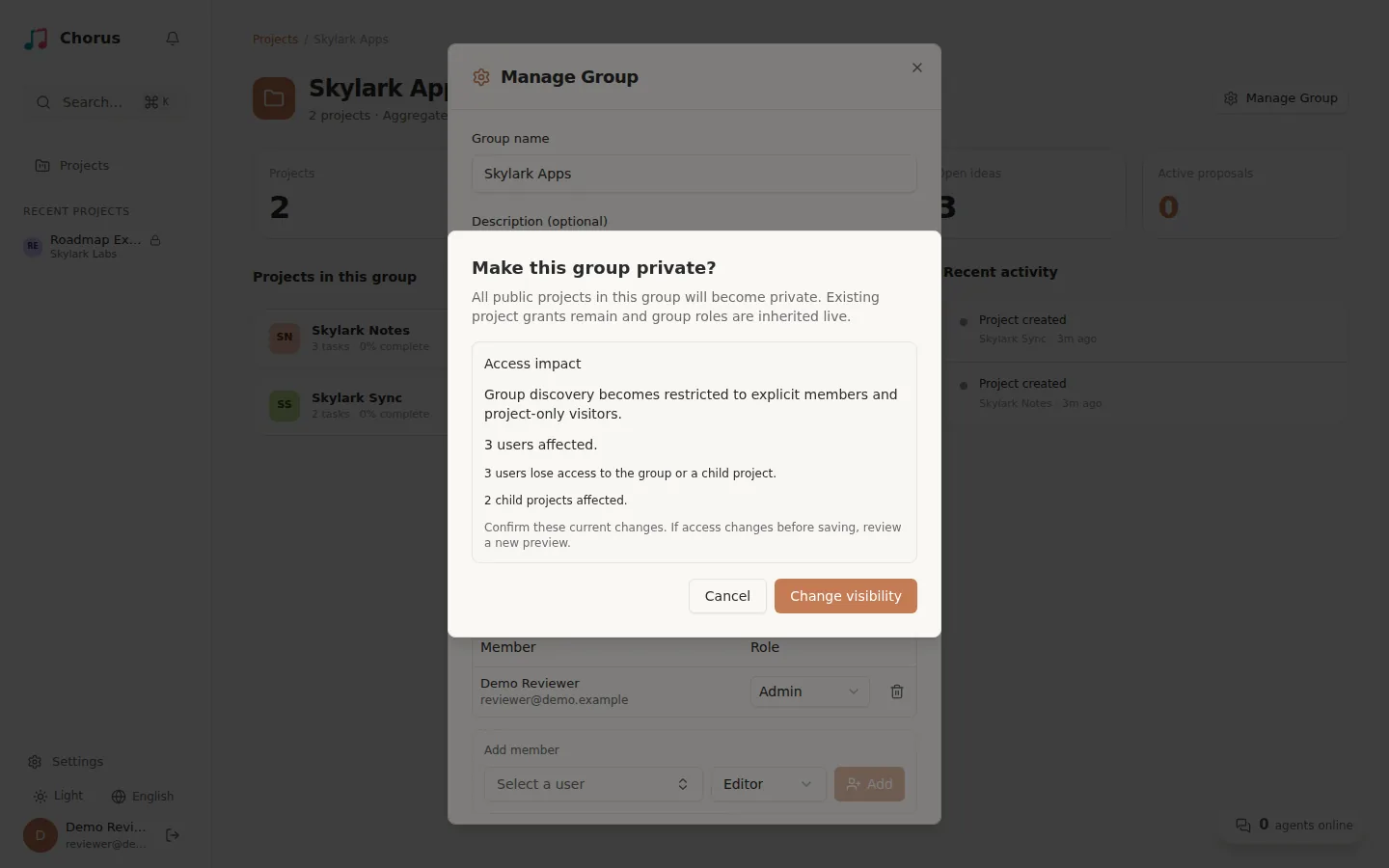 Confirmation dialog for making a project group private, with an Access impact summary counting users who lose access and the projects affected