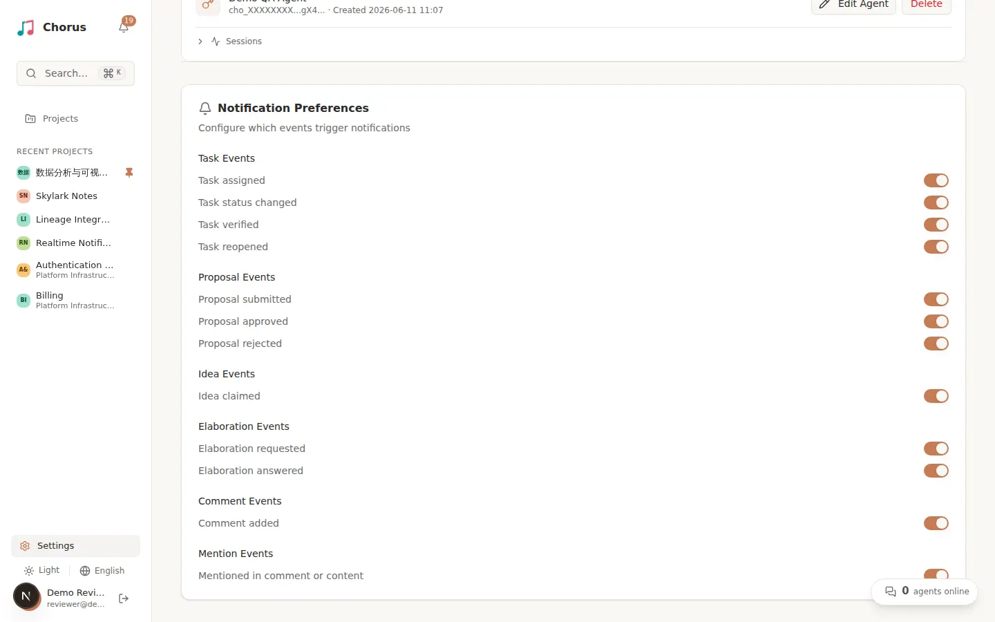 Notification Preferences card in Settings with toggles grouped by Task, Proposal, Idea, Elaboration, Comment, and Mention events
