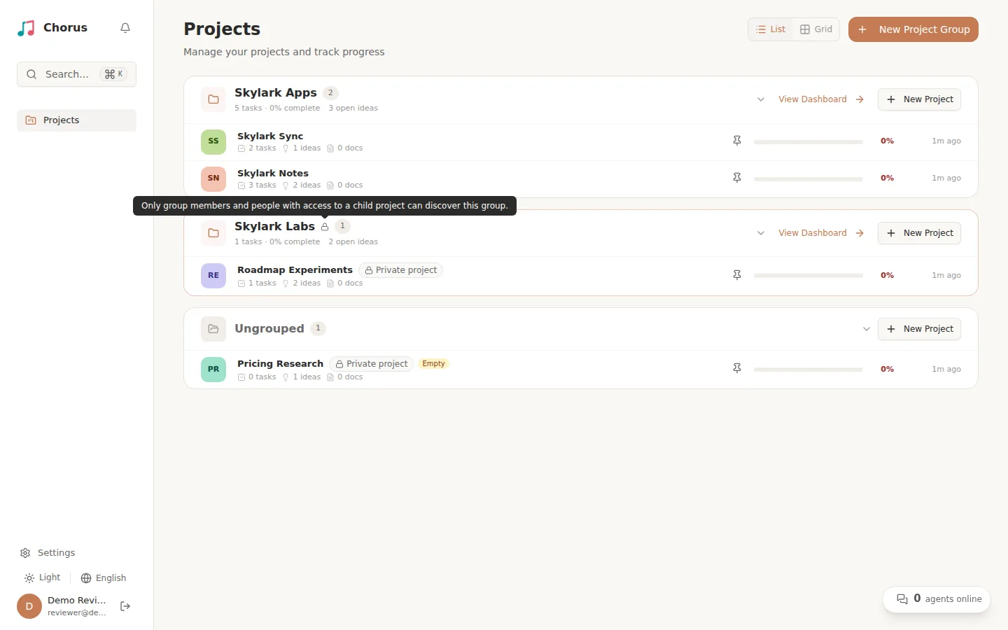 Projects page in List view with a public group, a private group marked with a lock and its tooltip, and private projects showing a Private project badge