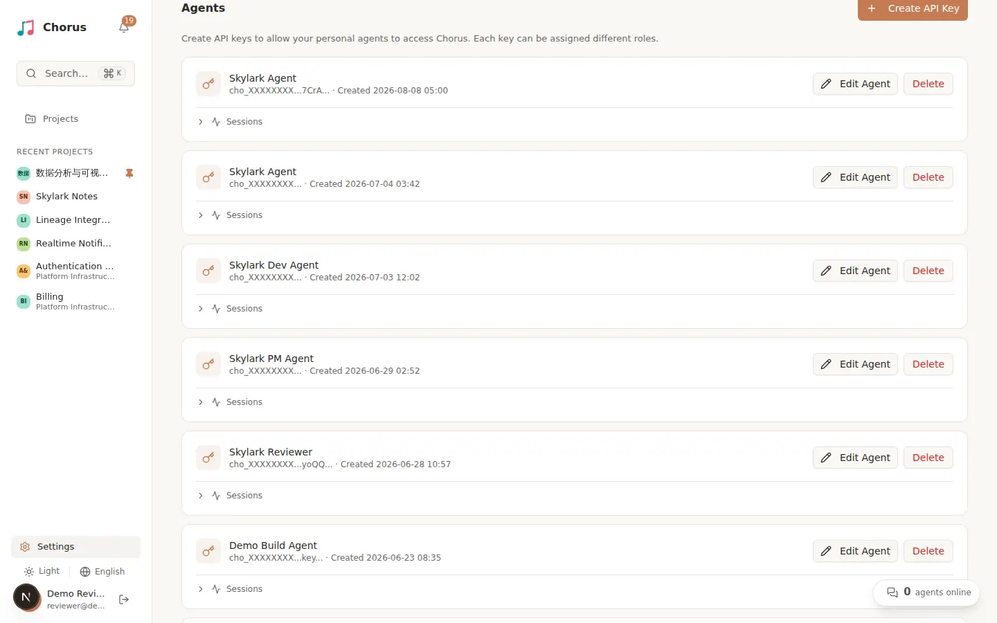 Settings Agents section listing API key cards, each with Edit Agent, Delete, and an expandable Sessions row