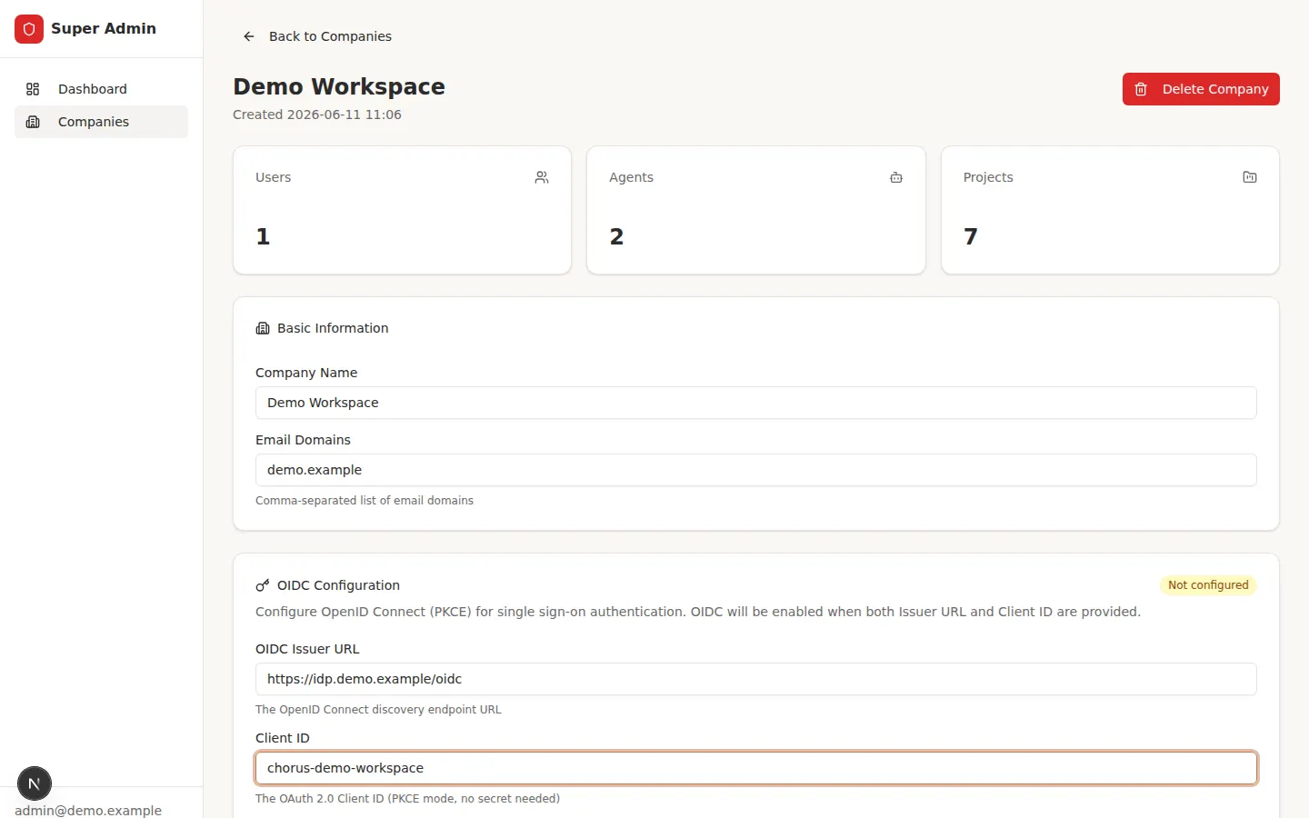 Workspace edit page in the Super Admin panel showing the OIDC Configuration card with Issuer URL and Client ID fields