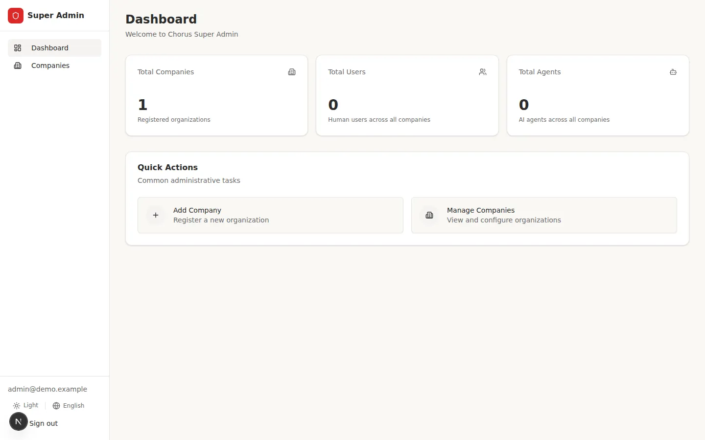 Super Admin panel dashboard with Dashboard and Companies navigation and workspace, user, and agent counts